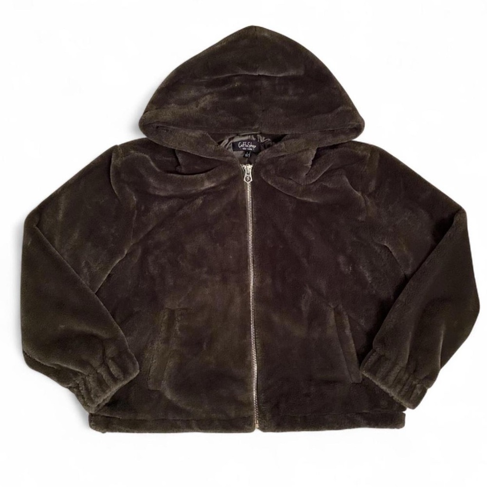NWOT Coffee Shop New York Olive Green Faux Fur Hooded Jacket Bomber